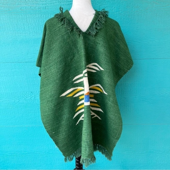 VINTAGE WOOL HAND LOOMED ROADRUNNER BIRD GREEN PONCHO EUC OSFA - Picture 4 of 7